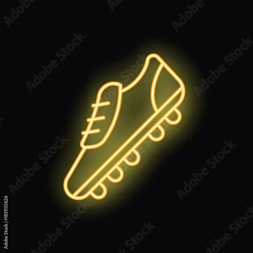 Yellow glowing neon icon of a soccer cleat shoe on a black background, perfect for sports themed designs