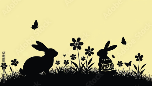Easter Bunnies and Butterflies in a Field of Flowers.