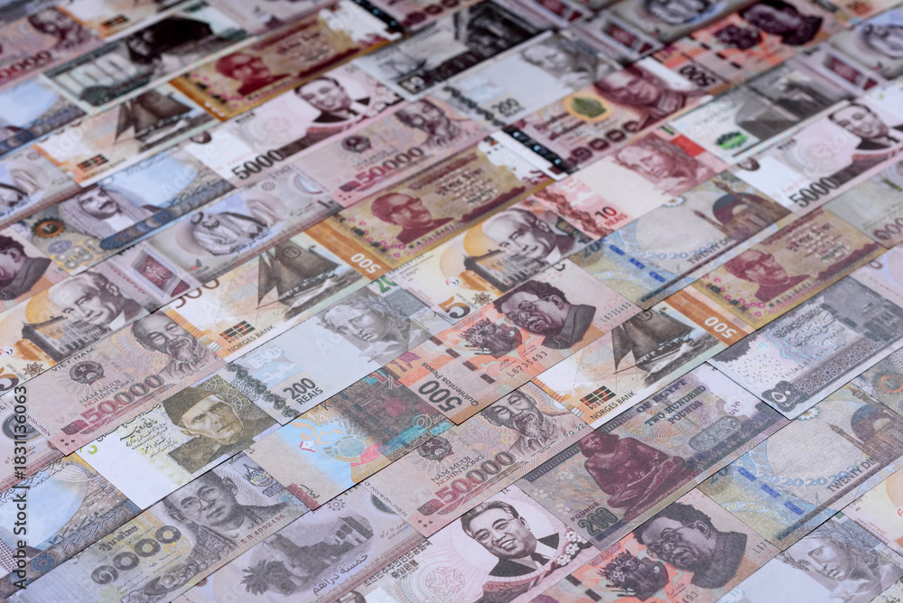 Fototapeta premium Money background, currency exchange, paper banknotes from different countries. Money cash currency
