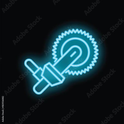 Blue neon icon of an angle grinder with rotating circular saw blade on a black background