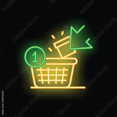 Neon sign representing adding an item to a shopping cart with a counter, concept of online shopping and e commerce