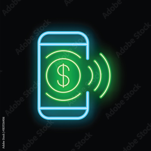 Neon sign showing a mobile phone with a dollar sign on the screen and nfc waves, representing contactless mobile payment