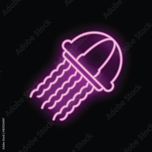 Glowing neon sign showing a jellyfish swimming in purple light on black background