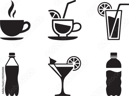 Set of drink silhouettes, black and white beverage icons, isolated vector collection of bottles, glasses, cups, and cocktails for bar and restaurant design