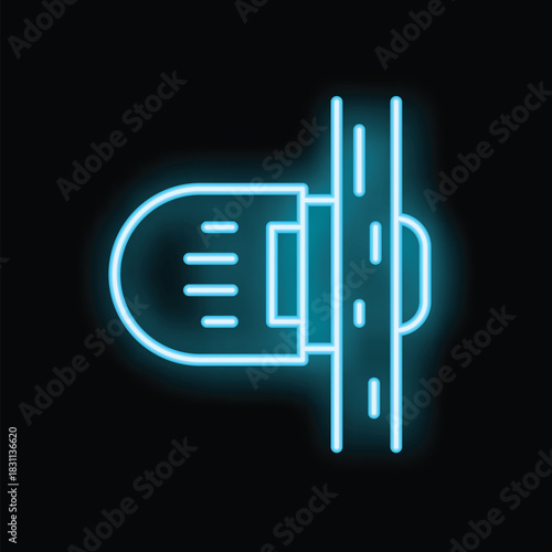 Glowing blue neon icon of an electric planer being used to process a wooden plank