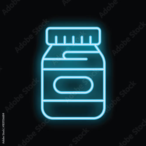 Glowing neon line medicine bottle icon isolated on black background for your design, concept of healthcare and medical treatment