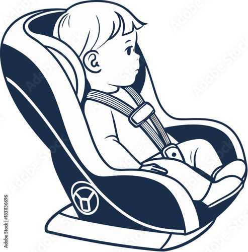 Baby sitting in car seat fastened with seatbelt for safety during travel in vehicle vector illustration