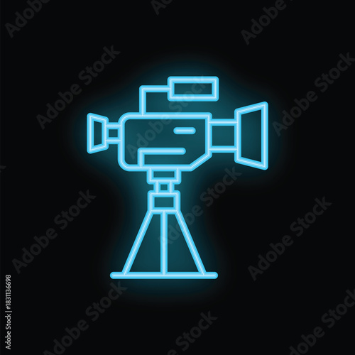 Blue neon icon of a video camera mounted on a tripod, glowing on a dark background, representing filmmaking and video production