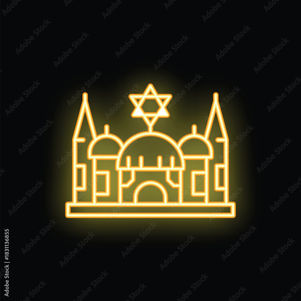 Obraz premium Glowing yellow neon sign depicting a synagogue with the star of david on top