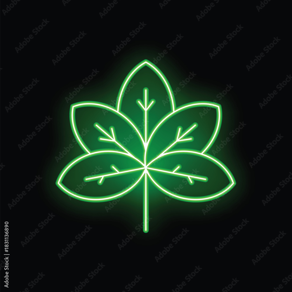 Naklejka premium Green neon leaf glowing on a black background representing nature, growth, and sustainability