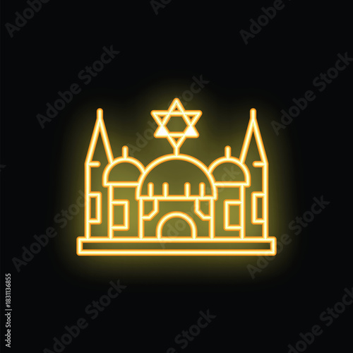 Glowing yellow neon sign depicting a synagogue with the star of david on top