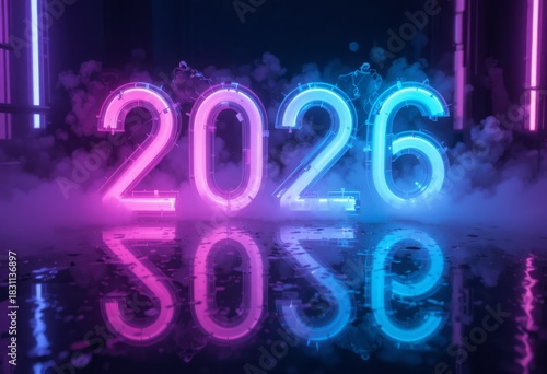 Neon 2026 numbers on reflective black acrylic with fog and cyan purple rim light
