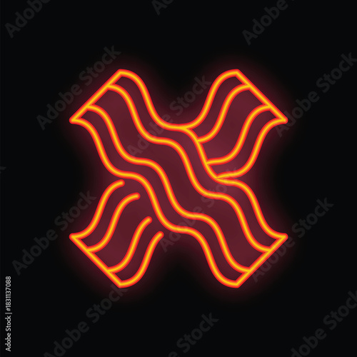 Neon sign in the shape of bacon strips forming the letter x on a black background