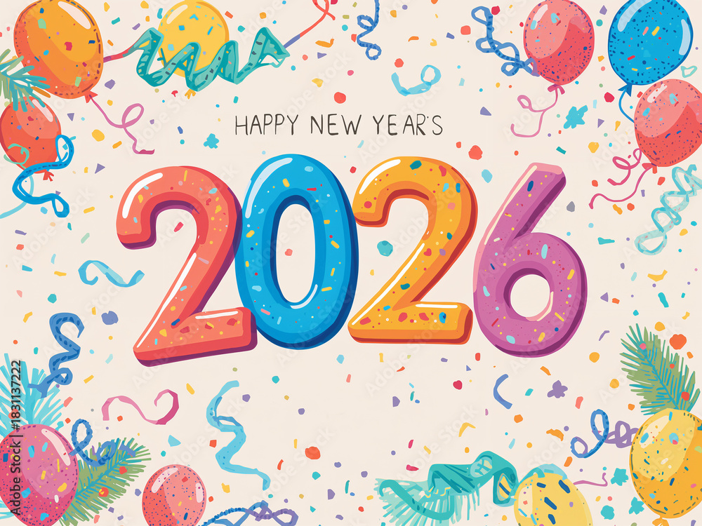 Fototapeta premium Bright illustration with the numbers 2026 surrounded by fireworks, balloons and confetti. The atmosphere is festive and energetic.