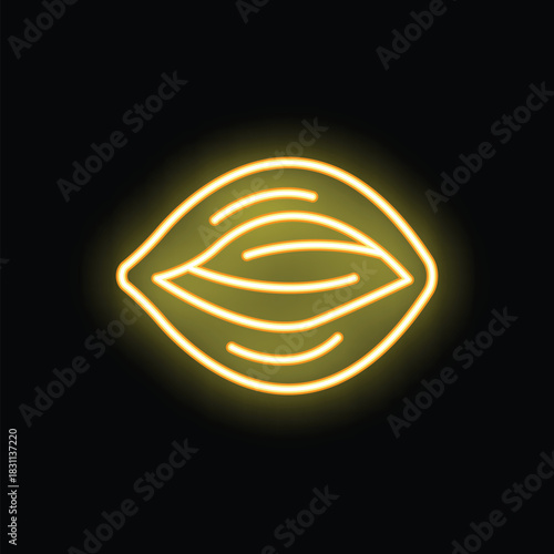 Yellow neon glowing symbol of cocoa bean pod on black background