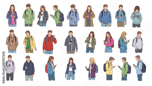 Diverse Youthful Characters Immersed in Digital Worlds, Showcasing Modern Mobile Connectivity and Communication Trends – CAD People Vector