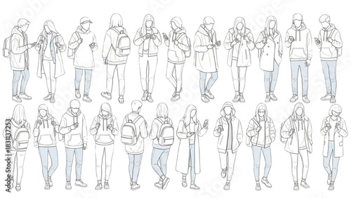 Collection of diverse young individuals in line art engaging with digital devices and modern lifestyle