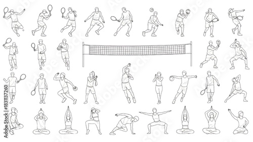 Dynamic Sports and Yoga Poses Line Art Collection for Active Lifestyle and Wellness Designs