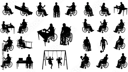 Various Silhouettes of People with Disabilities Engaging in Different Activities
