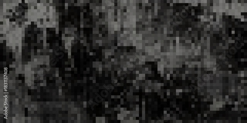 Pixel glitch background, monochrome digital noise texture. Random black and white square particles of abstract pixelated pattern. Distorted corrupted data in retro video game. Grainy geometric mosaic