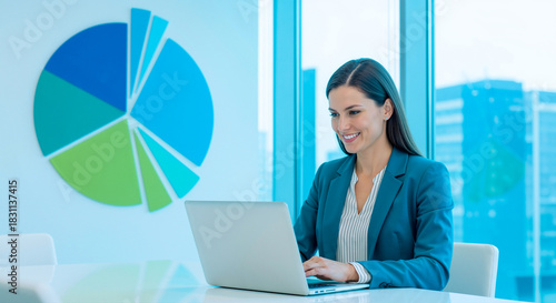 Confident businesswoman in teal blazer working on laptop in bright modern office, smiling at camera with corporate city view and blue pie chart presentation on large screen behind