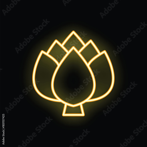 Yellow neon light representing an artichoke, with its characteristic leaves, on a black background