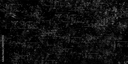 Glitch TV static noise wallpaper. Black and white VHS pixel noise texture. Random interference signal concept. Rippled video tape background. Image distorted distressed backdrop effect. Vector