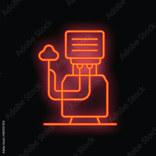 Neon server icon connecting to cloud service with wires, symbolizing data transfer and network infrastructure