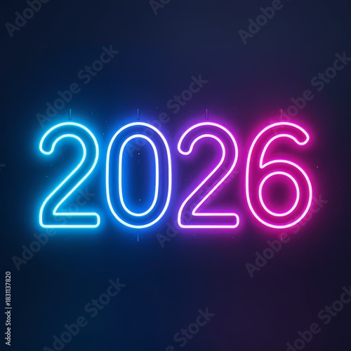 Glowing neon 2026 lettering in rounded type with electric blue and magenta gradients