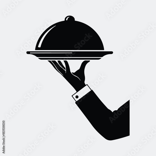 Silhouette hand holding covered food plate tray vector illustration