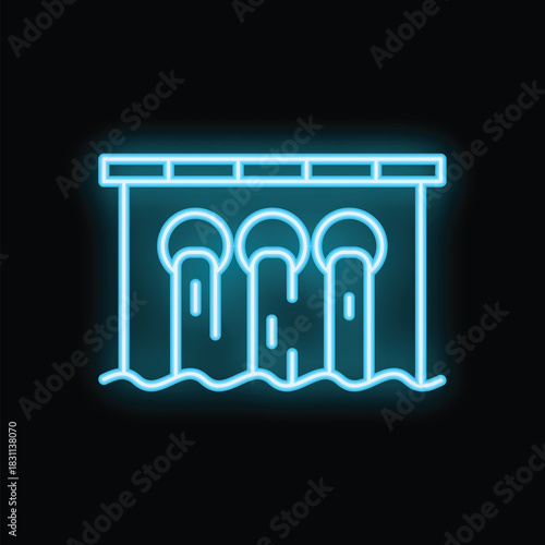 Blue glowing neon line hydroelectric power station icon isolated on black background