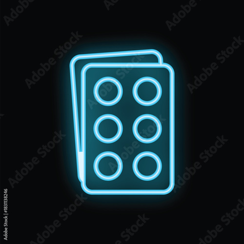Blue neon sign depicting two blister packs full of pills on a black background