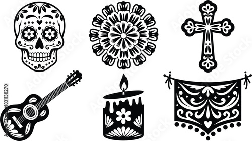 Day of the Dead Monochromatic Vector Set with Sugar Skull, Ornate Cross, Guitar, and Candle, Perfect for Celebration and Holiday Design.