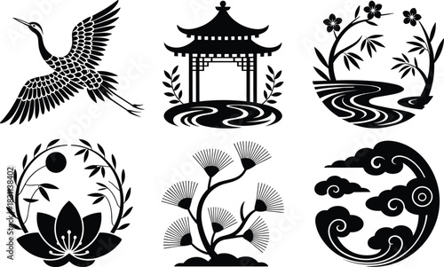 Elegant black vector set of traditional Japanese and Asian cultural elements including crane, pagoda, bamboo, lotus flower, abstract clouds, and nature scenes.