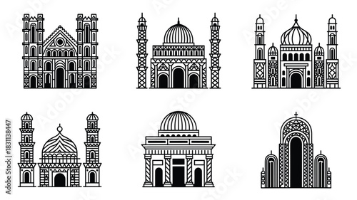 Black and white vector set of highly stylized Islamic architecture silhouettes, featuring detailed mosques, minarets, and ornate domes for cultural and religious design elements.