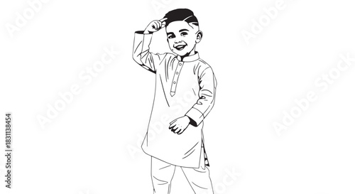 Line drawing portrait of a smiling boy wearing traditional outfit.