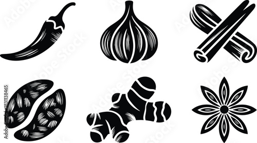 Stylized Monochromatic Vector Icon Set of Essential Kitchen Spices: Chili Pepper, Garlic, Cinnamon, Cardamom Pods, Ginger Root, and Star Anise Aromatics.