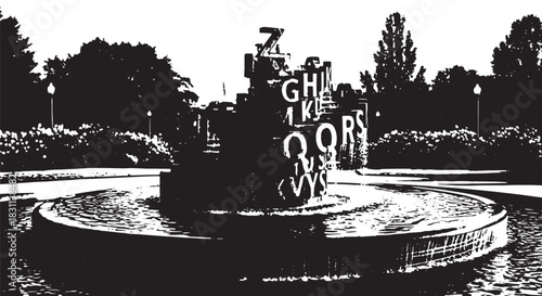 Black and white photograph of letter sculpture fountain in park.