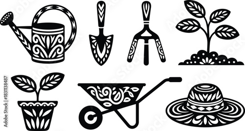 Stylized black and white vector set of ornamental gardening tools including watering can, shovel, rake, seedlings, wheelbarrow, flowerpot, and sun hat icons.
