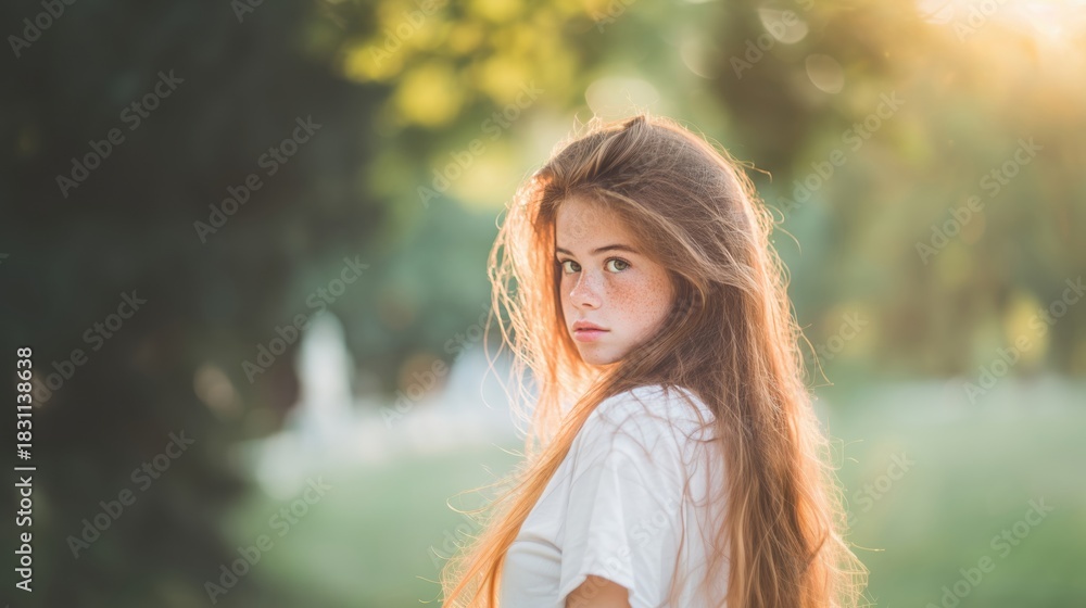 Naklejka premium Young girl with long hair standing in a sunny park during golden hour