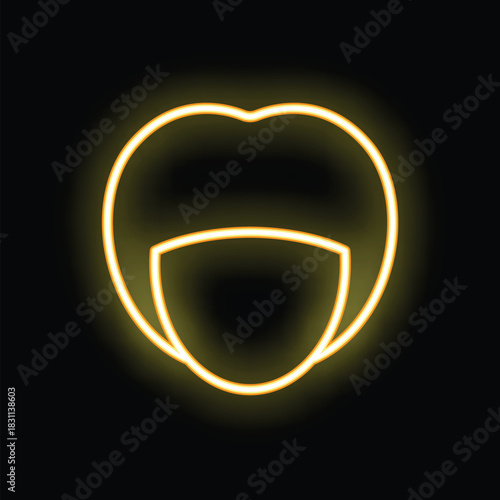 Yellow neon sign showing a woman wearing a protective mask on a black background