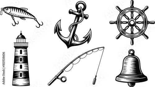 Vintage marine and nautical vector elements set featuring lighthouse, fishing lure, anchor, ship's wheel, casting rod, and maritime bell engraving illustration.