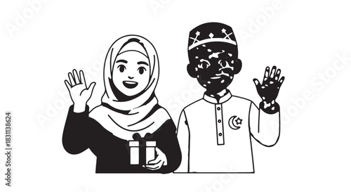 Smiling couple in traditional attire exchanging a gift and waving together.