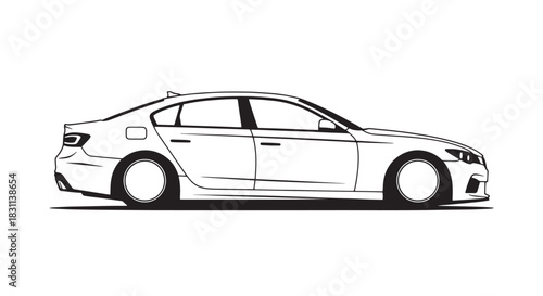 Minimalist black and white side view of a modern sedan car.