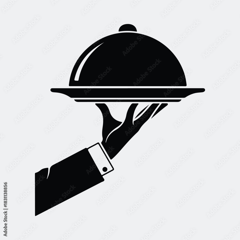 Fototapeta premium Silhouette of waiter holding food tray service dome vector illustration