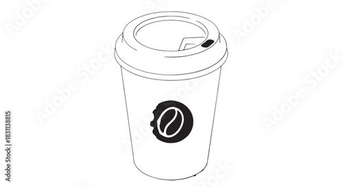 Minimal line drawing of a takeaway coffee cup with lid and logo.