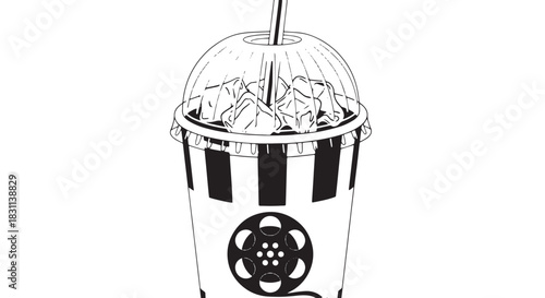 Black and white line drawing of an iced drink cup with straw and dome lid.