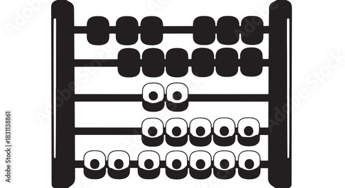 Black and white abacus illustration showing rows of beads for counting.