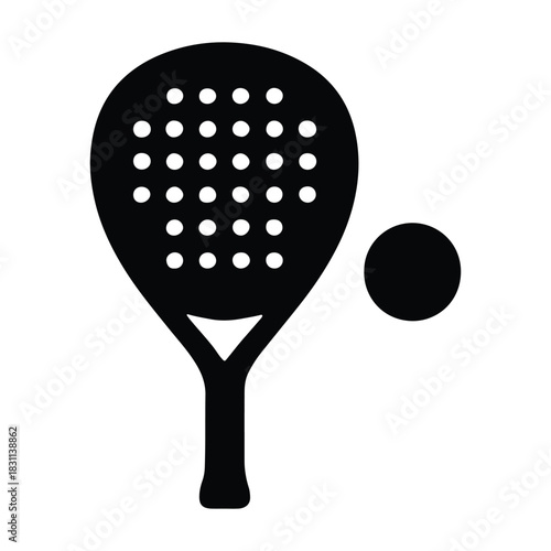 Black silhouette of a padel racket with a textured surface and handle, used for playing padel tennis
Silhouette logo of crossed padel racket and ball with simple and modern design