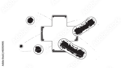 Monochrome schematic illustration of bacterial cells and culture dishes.